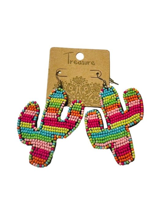Treasure Jewelry - Beaded Cactus Statement Earrings Handmade Rainbow